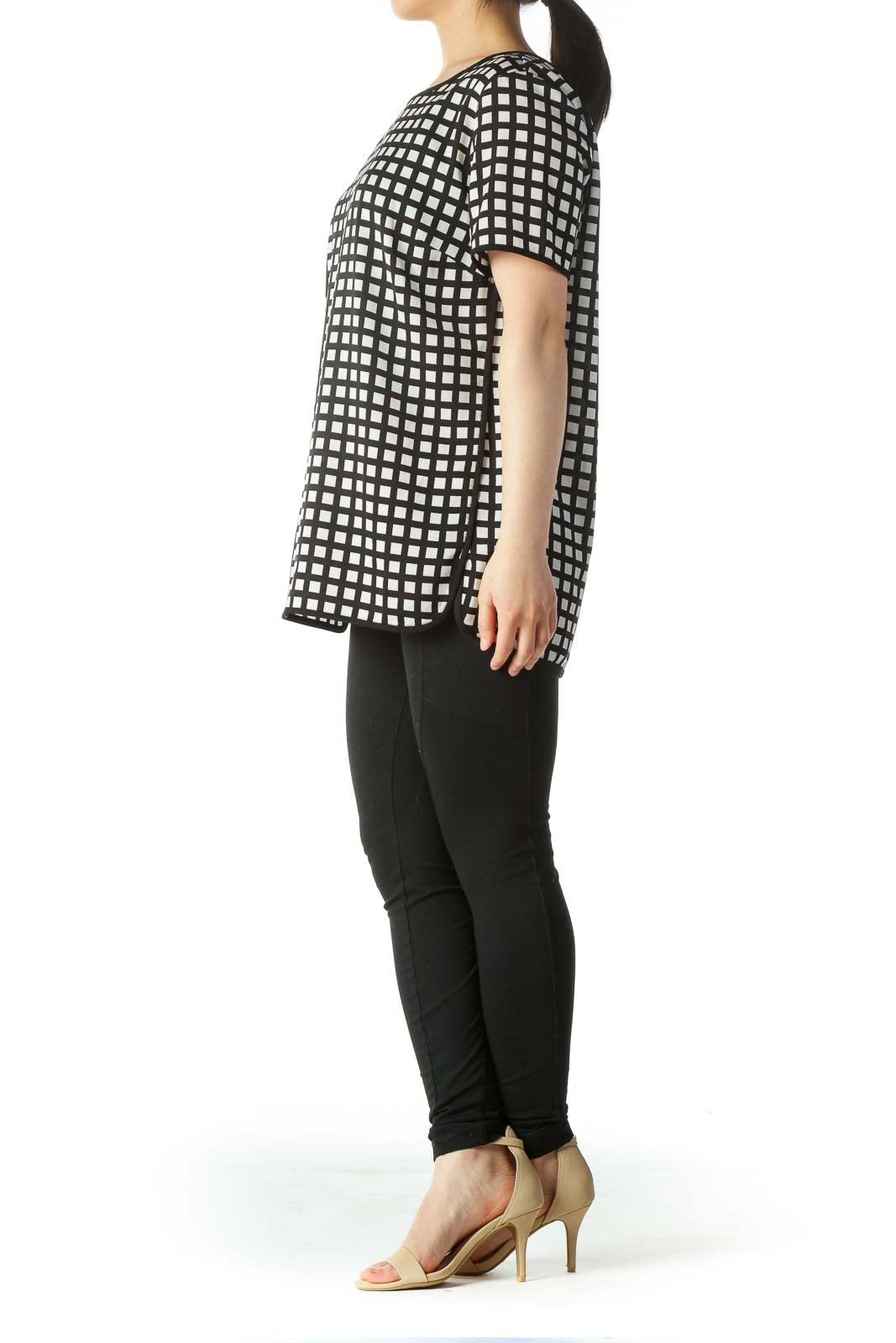 Black White Geometric Print Short-Sleeve Blouse