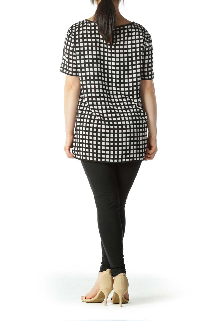 Black White Geometric Print Short-Sleeve Blouse