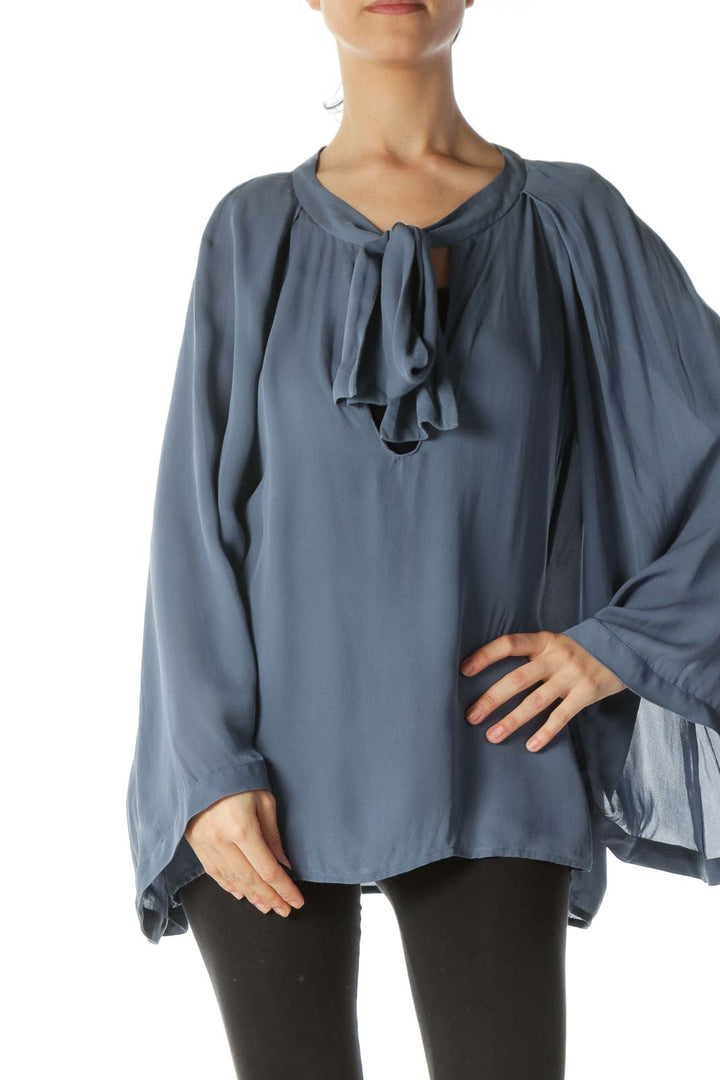 Gray 100% Silk Neck-Keyhole-Tie Flared-Sleeves Blouse