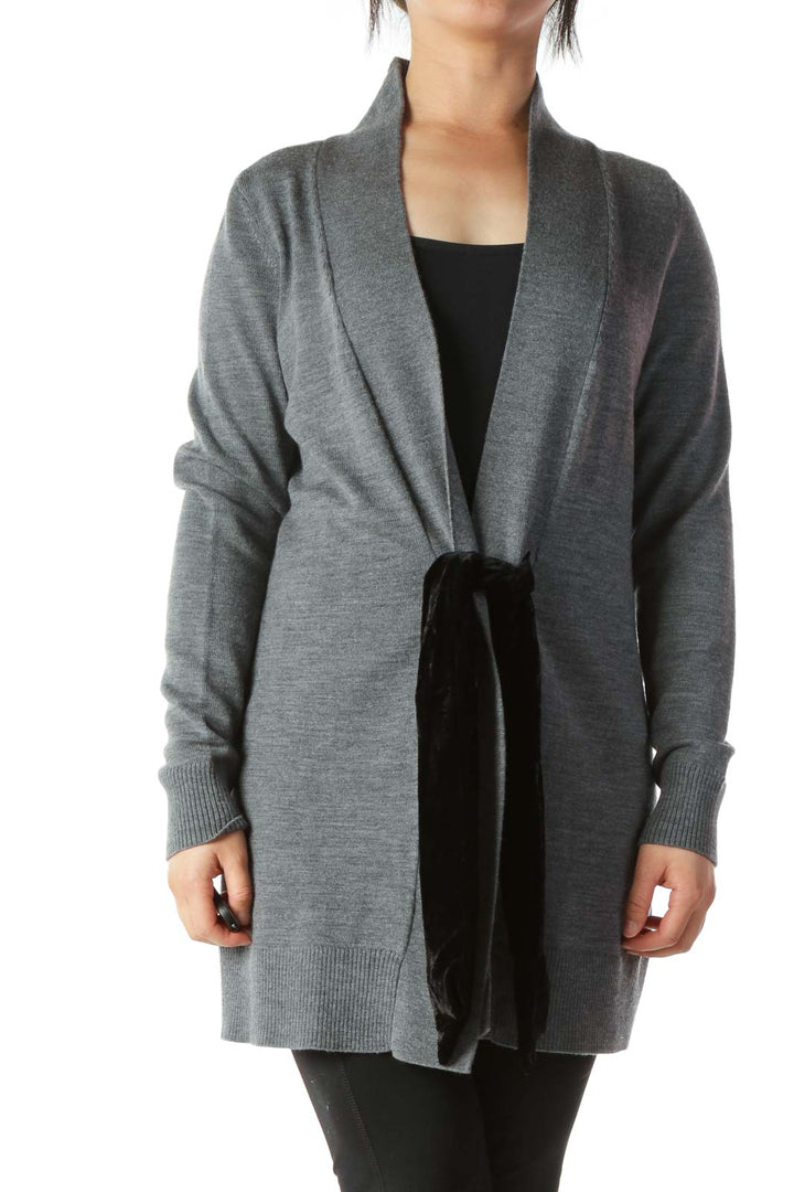 Gray Merino Wool Cardigan with Black Velvet Tie