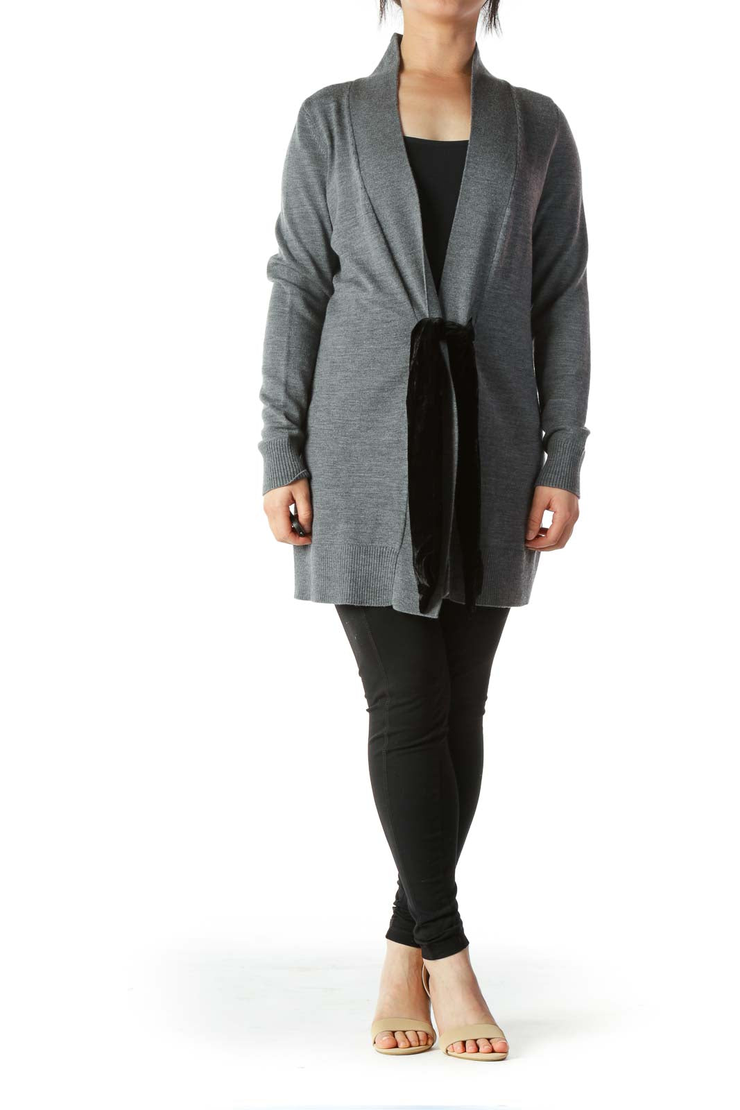 Gray Merino Wool Cardigan with Black Velvet Tie