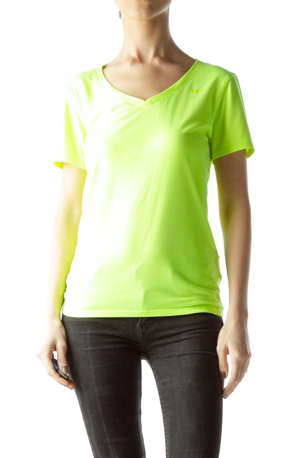 Front view of neon yellow Nike V-neck athletic t-shirt on mannequin