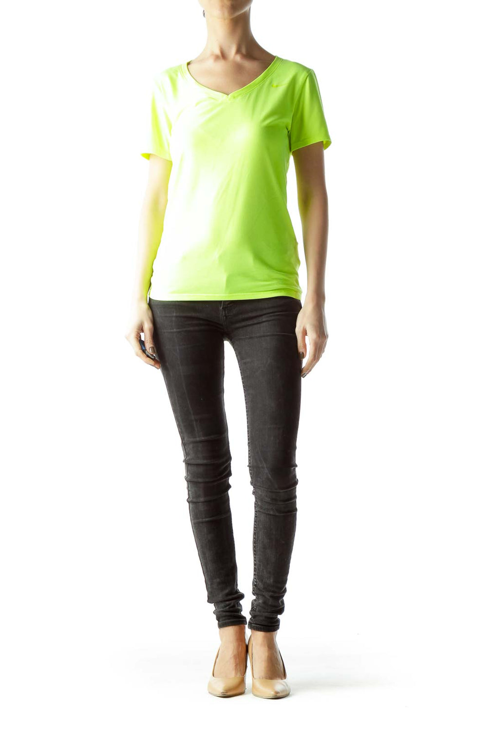 Front view of neon yellow Nike V-neck athletic t-shirt on mannequin