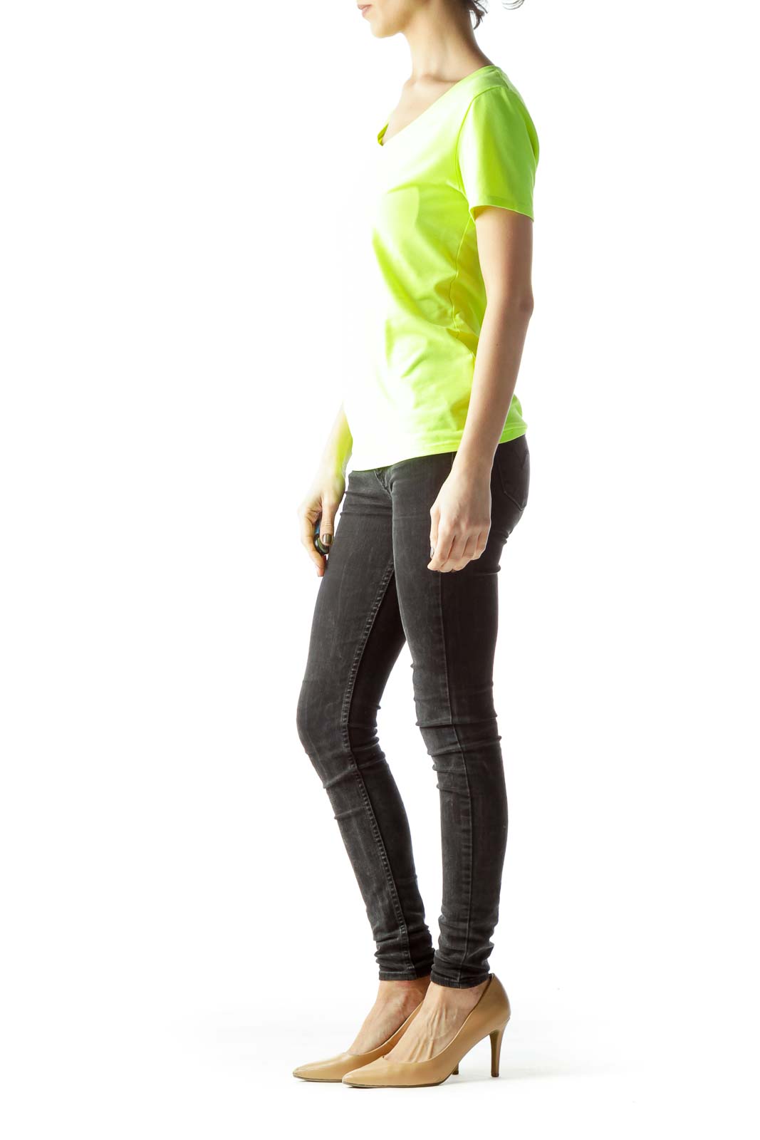 Front view of neon yellow Nike V-neck athletic t-shirt on mannequin