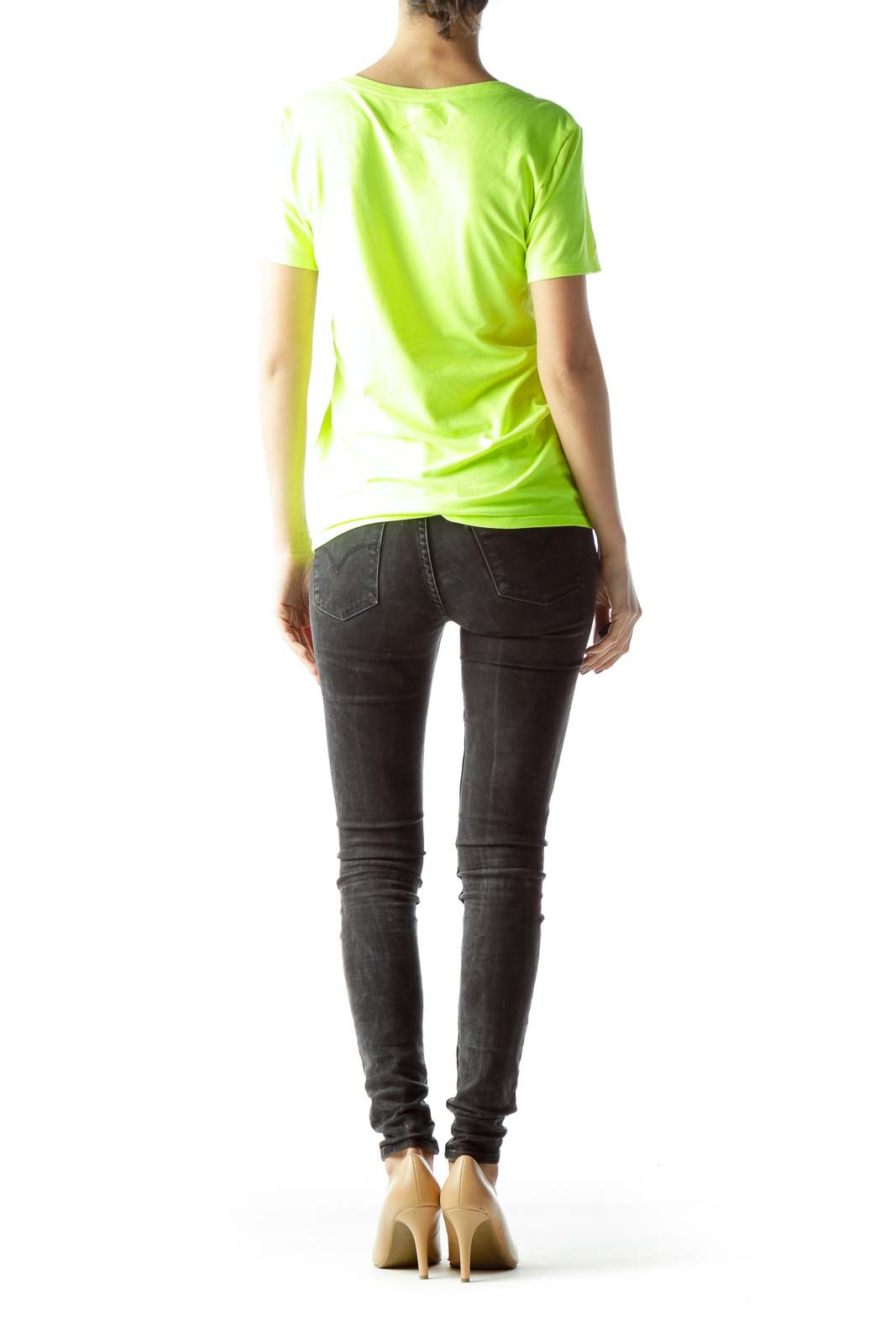 Back view of neon yellow Nike V-neck athletic t-shirt on mannequin with black jeans