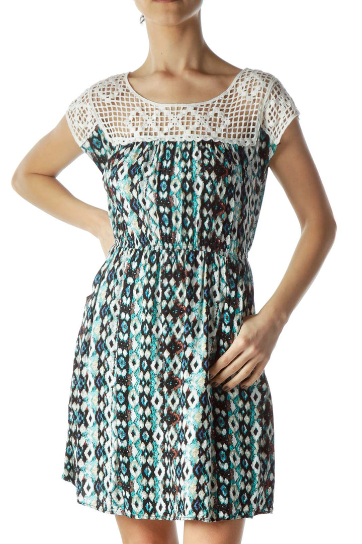 Blue Paint Print Crocheted Neck Dress