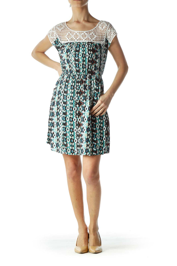 Blue Paint Print Crocheted Neck Dress