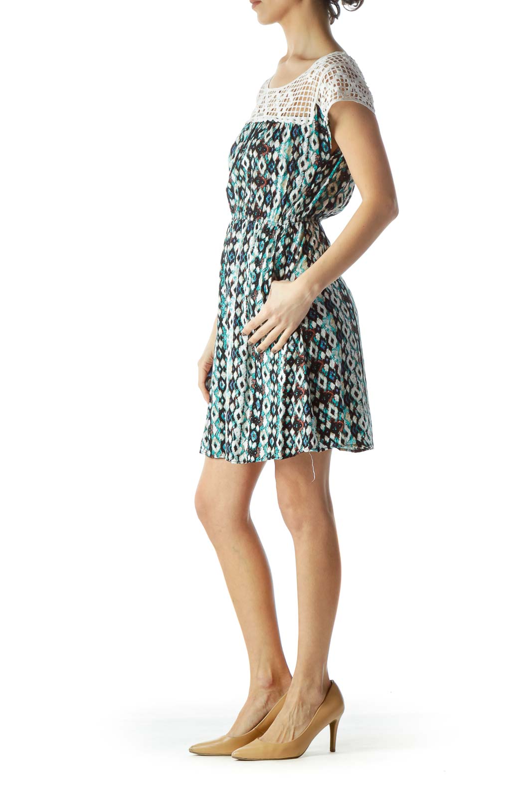 Blue Paint Print Crocheted Neck Dress