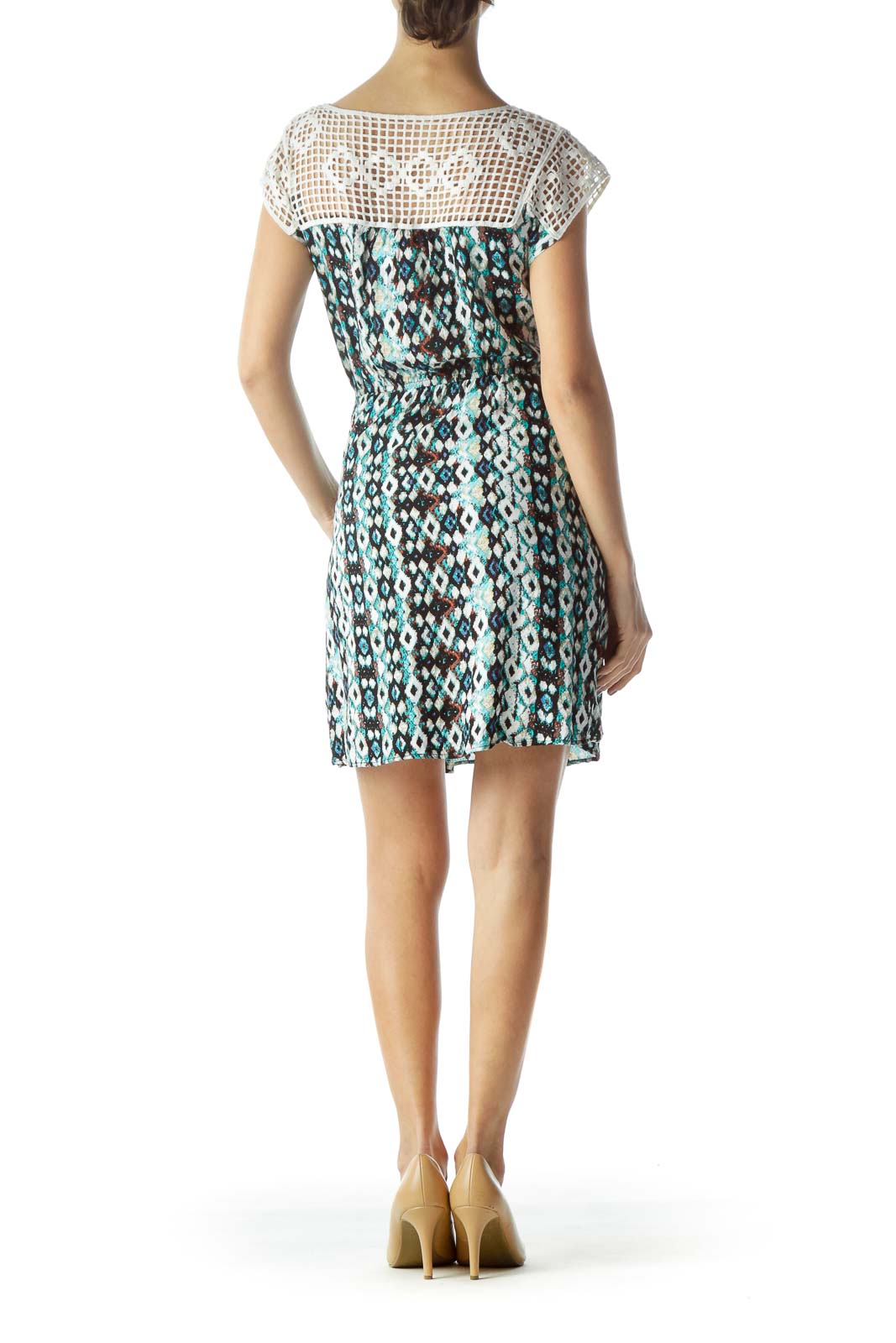 Blue Paint Print Crocheted Neck Dress