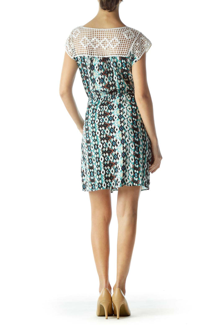 Blue Paint Print Crocheted Neck Dress