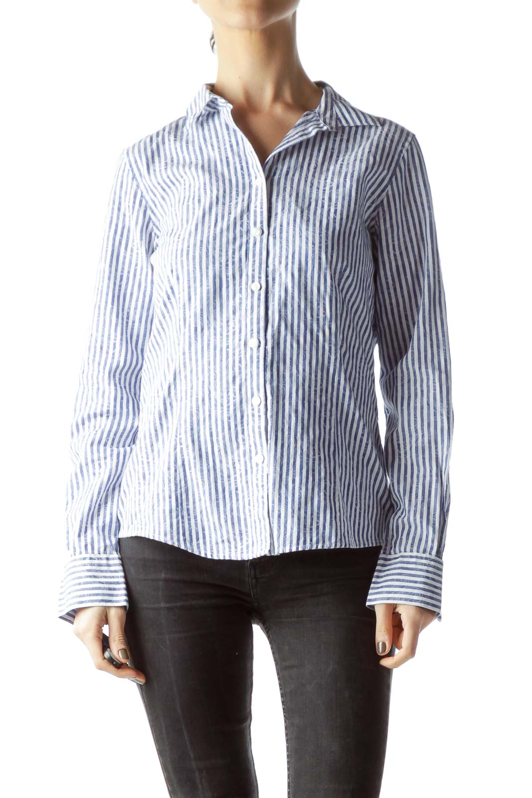 Front view of Brooks Brothers blue striped button-down shirt on model