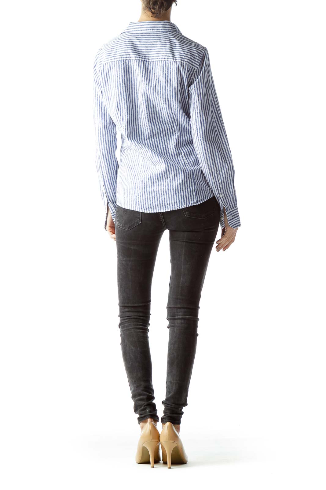 Back view of Brooks Brothers blue striped button-down shirt on model with dark jeans