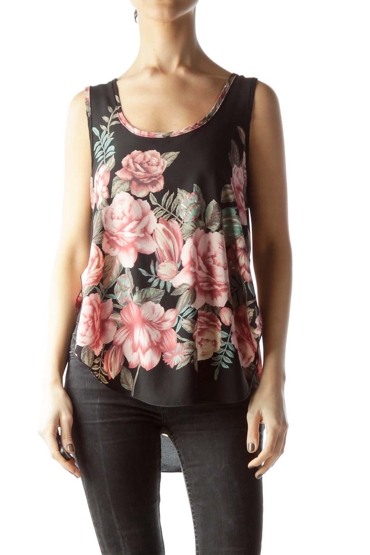 Front view of Vivace Black Floral Print Sleeveless Tank Top with pink roses