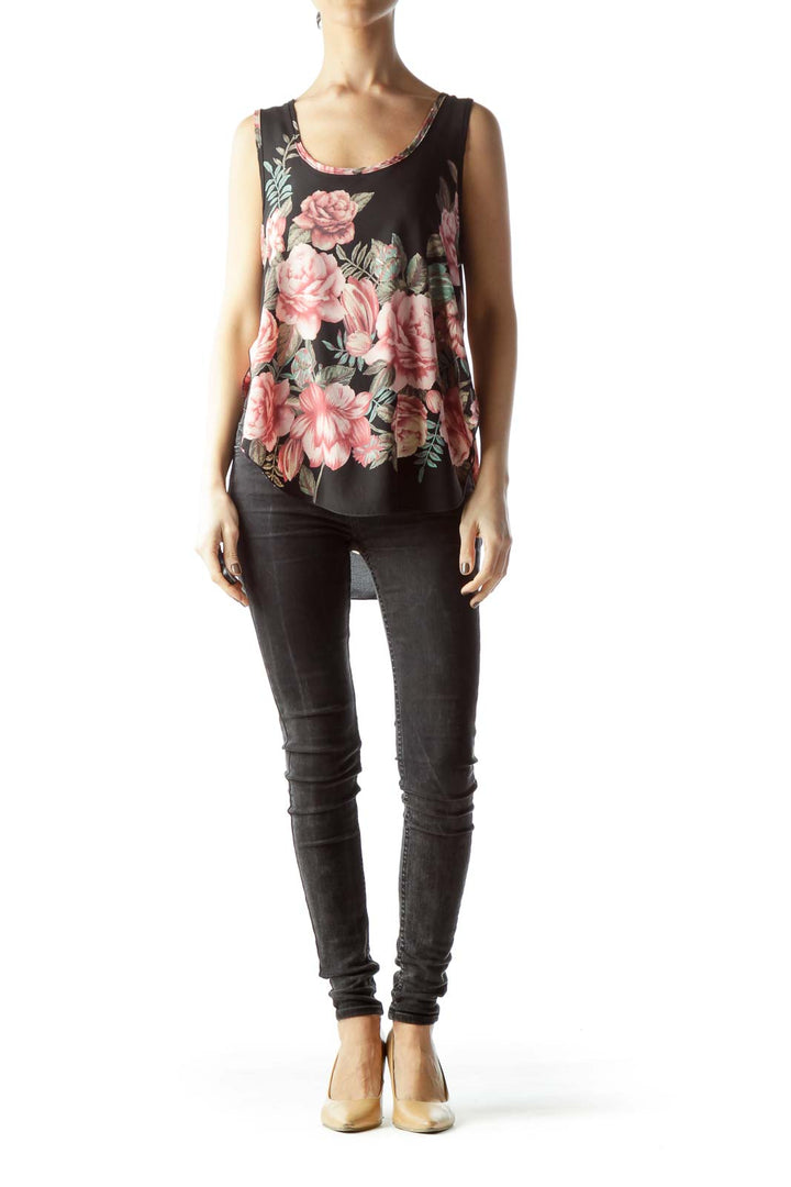 Front view of Vivace Black Floral Print Sleeveless Tank Top with pink roses