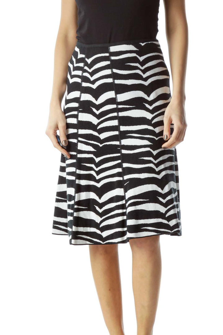 Black White Textured Print Knit Flared Skirt