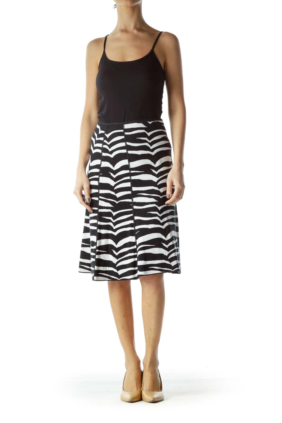 Black White Textured Print Knit Flared Skirt