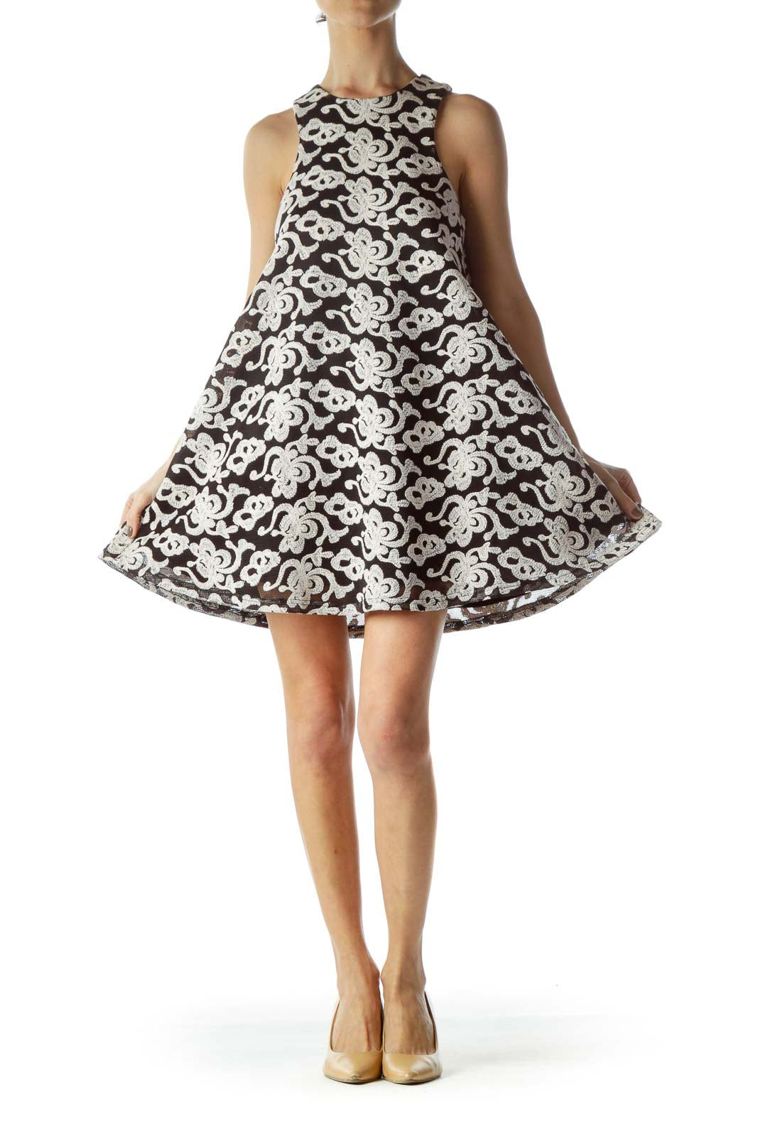 Front view of J.O.A. Los Angeles Black and White Floral Lace Swing Dress