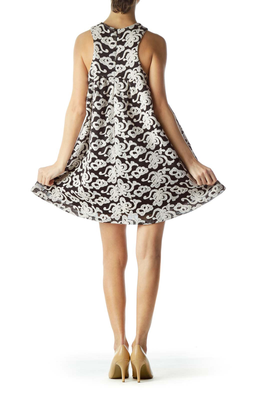 Back view of J.O.A. Los Angeles Black and White Floral Lace Swing Dress showing racerback design