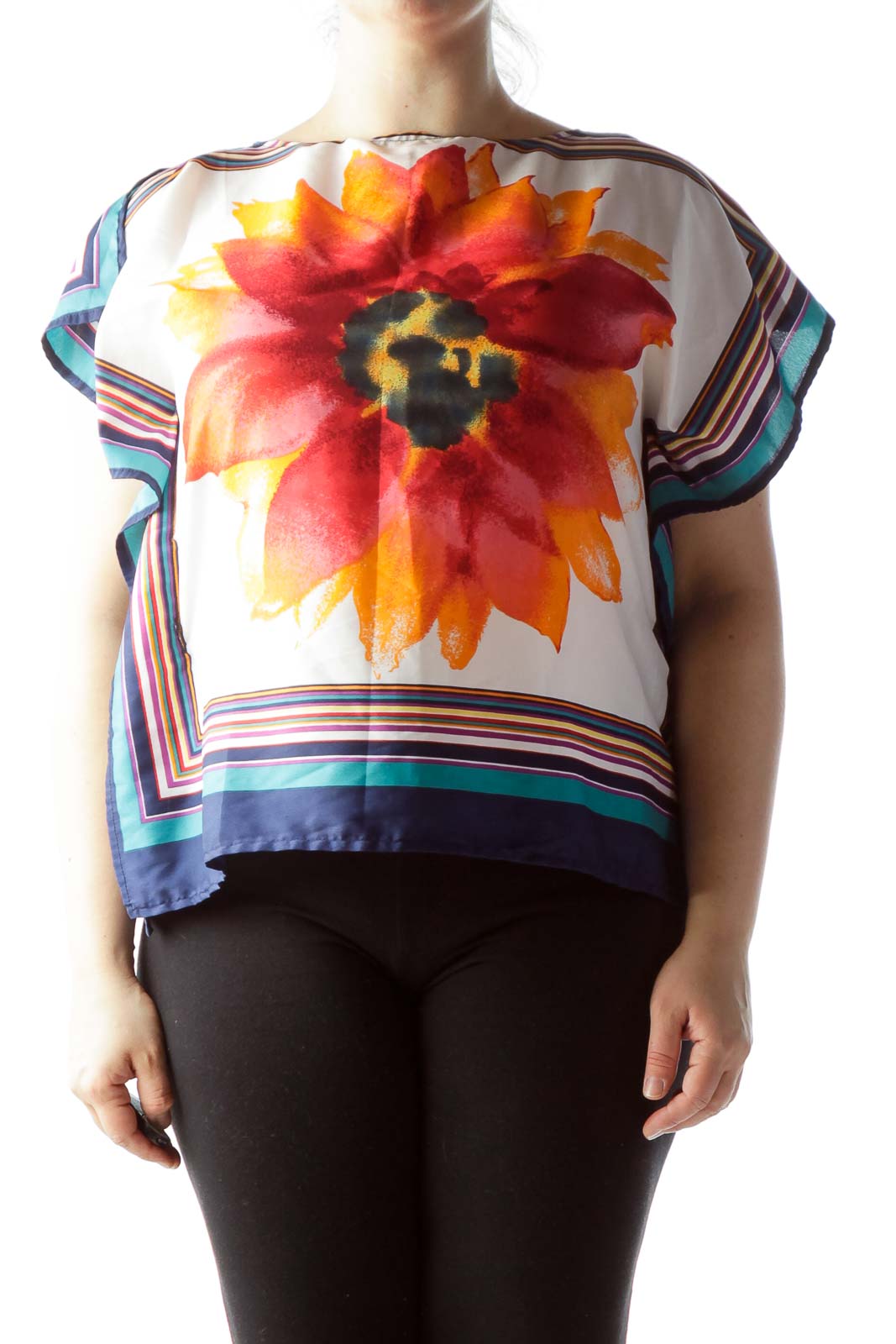 Front view of RETRO multicolor floral print boxy top with striped borders