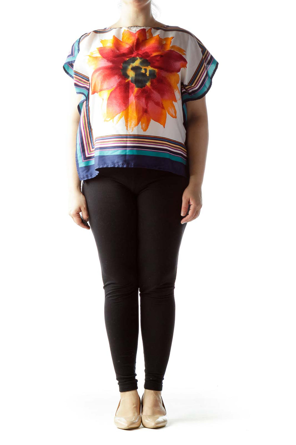 Front view of RETRO multicolor floral print boxy top with striped borders