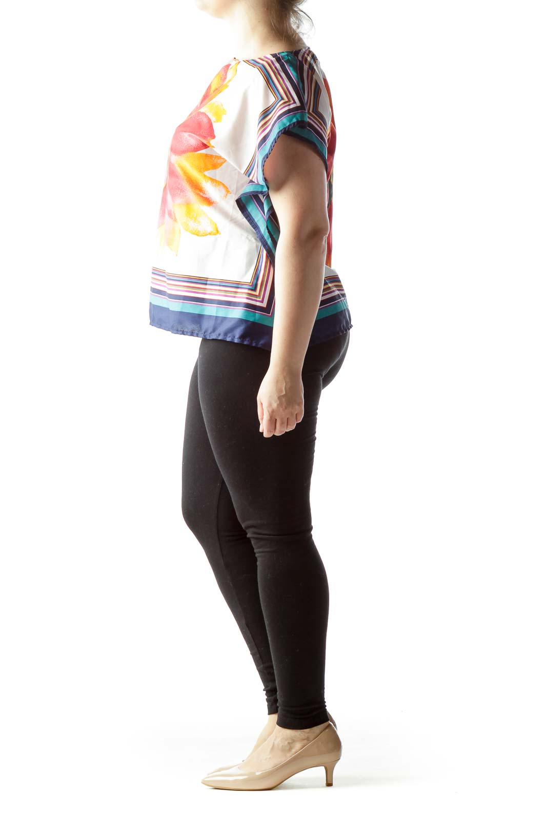 Front view of RETRO multicolor floral print boxy top with striped borders