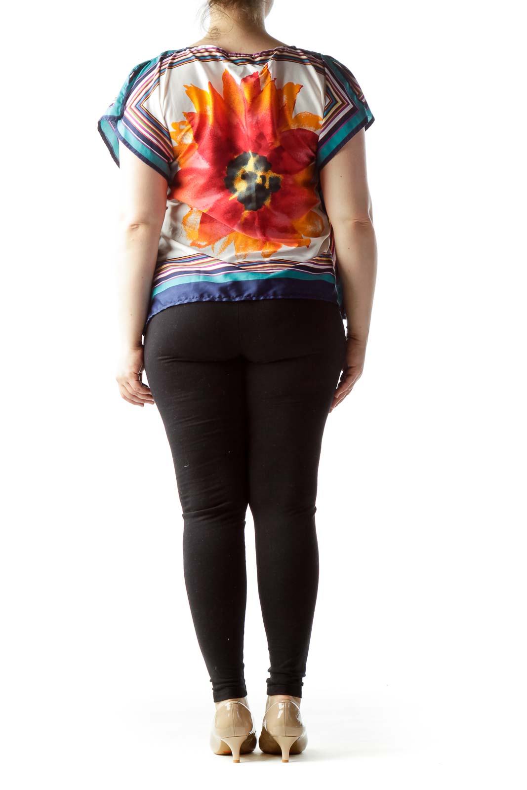 Back view of RETRO multicolor floral print boxy top showing full design