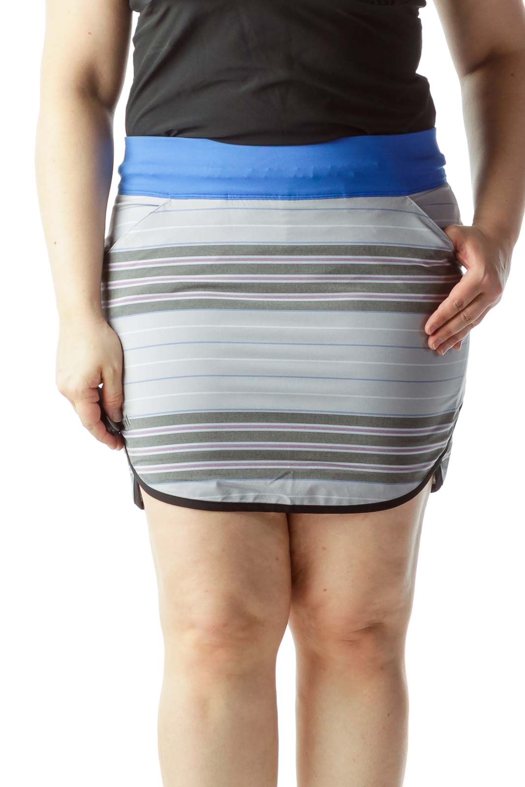 Front view of Adidas gray striped athletic skirt with blue waistband