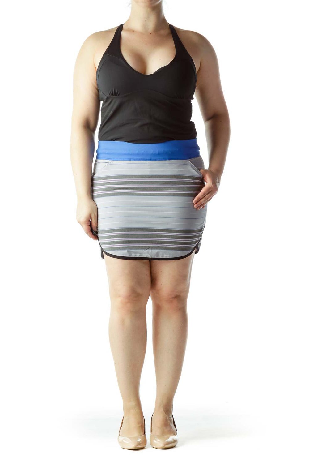 Front view of Adidas gray striped athletic skirt with blue waistband