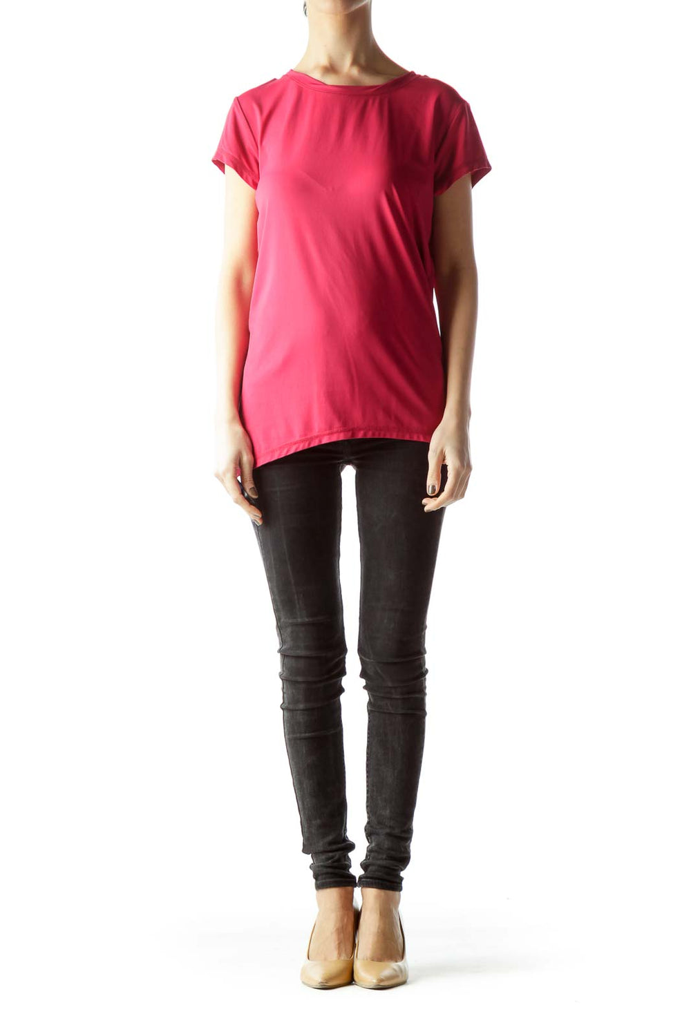 Front view of pink Alala athletic top with crew neck