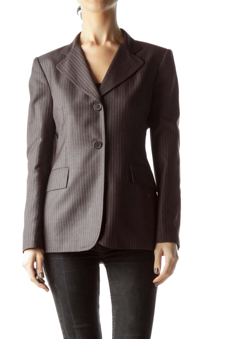 Front view of Anne Klein brown pinstriped blazer on model