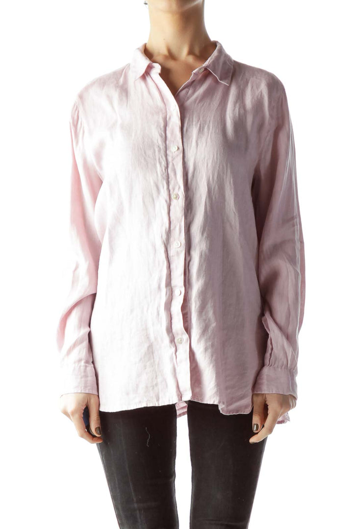 Light Pink Collared Buttoned Long Sleeve 100% Linen Shirt