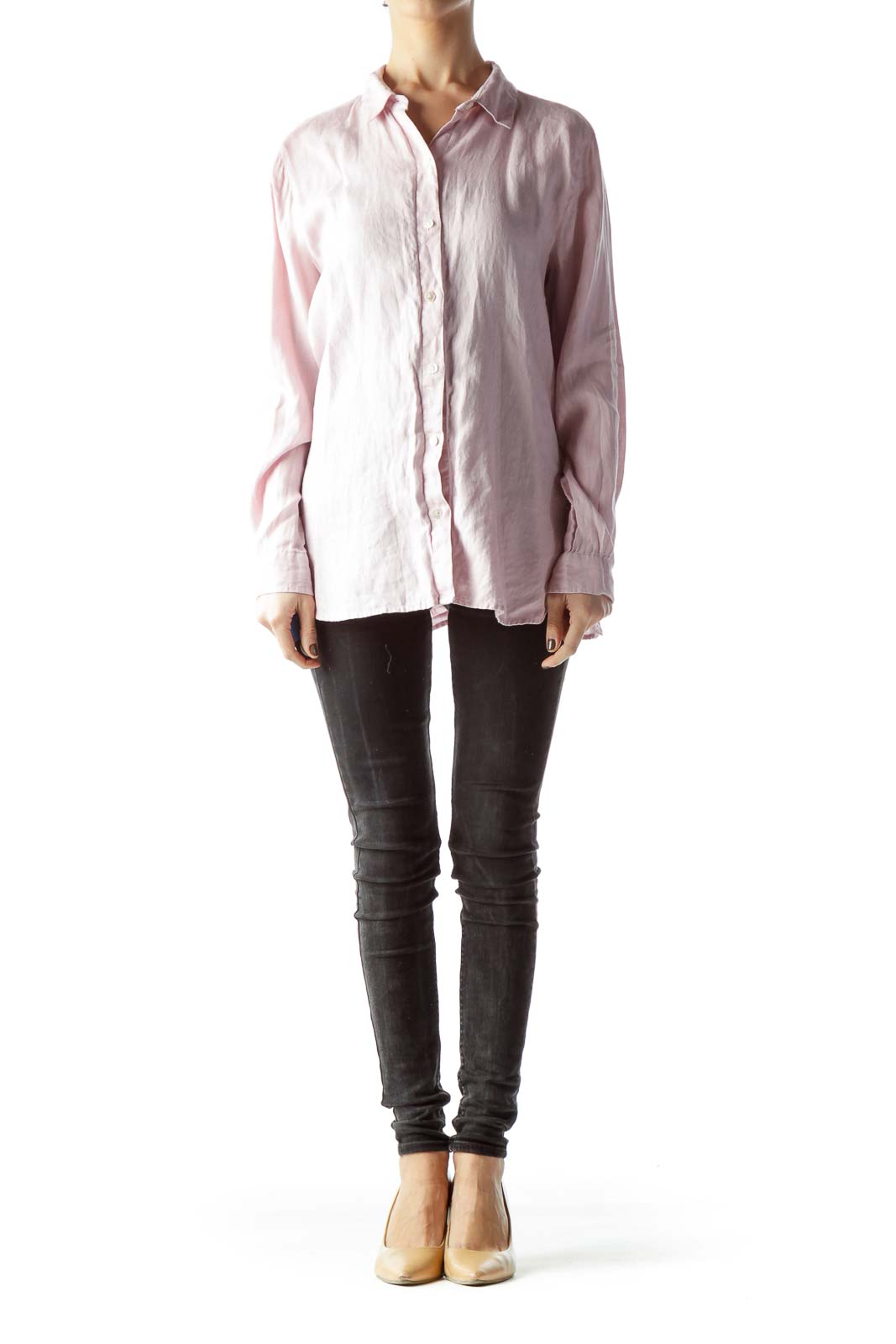 Light Pink Collared Buttoned Long Sleeve 100% Linen Shirt