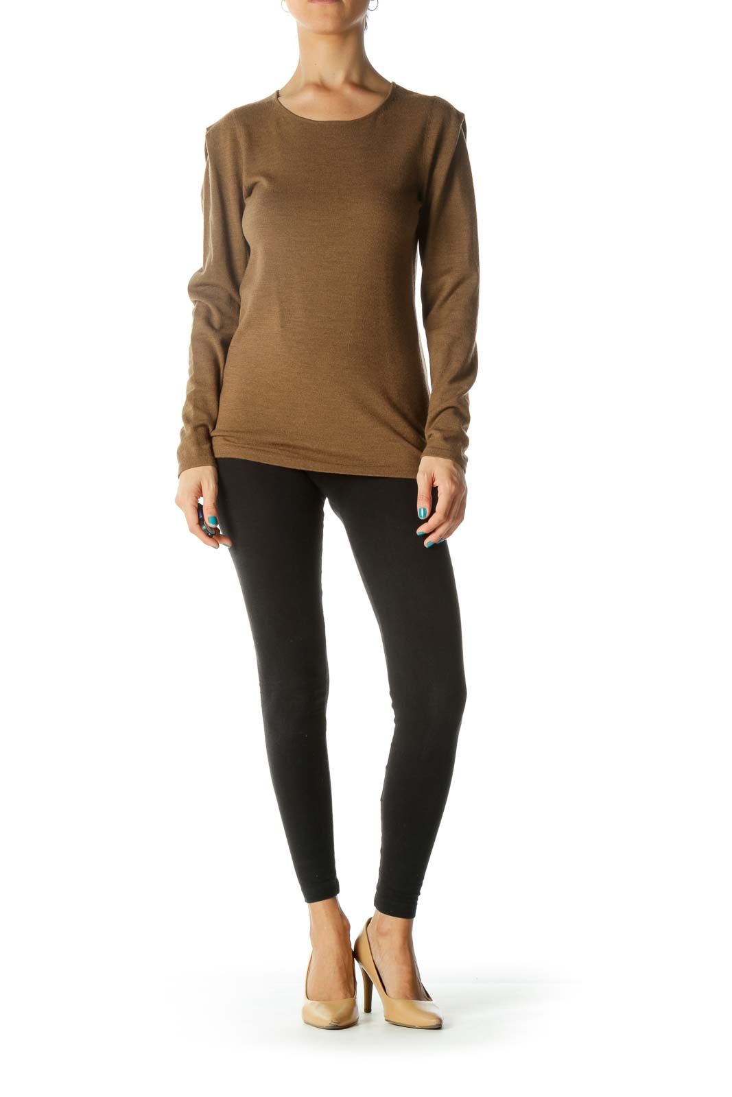 Brown Round Neck Long Sleeve Knit Sweater