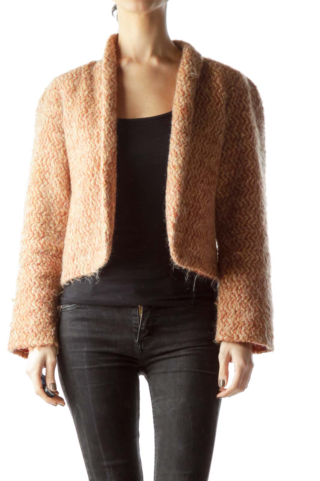 Front view of WINKS peach textured cropped jacket with shawl collar