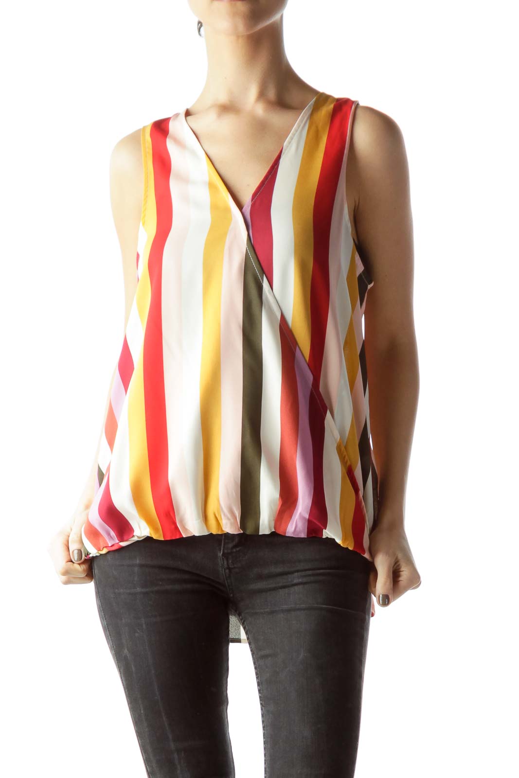 Front view of RACHEL Rachel Roy multicolor striped sleeveless blouse with V-neck