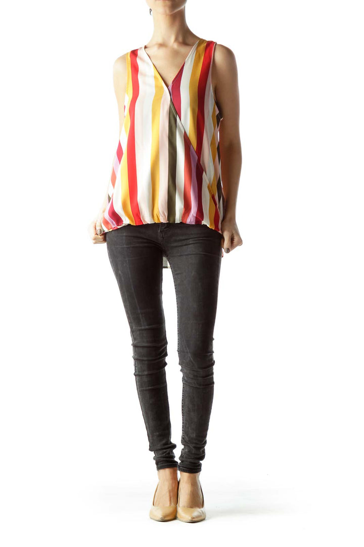 Front view of RACHEL Rachel Roy multicolor striped sleeveless blouse with V-neck