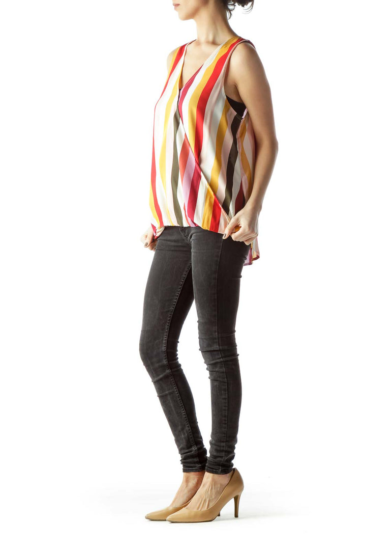 Front view of RACHEL Rachel Roy multicolor striped sleeveless blouse with V-neck