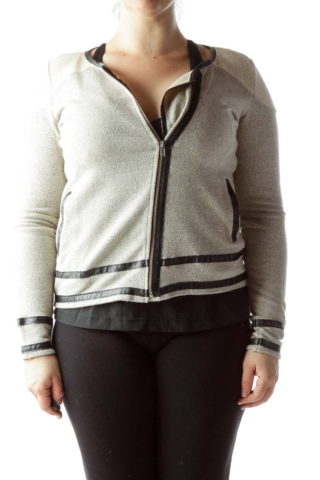 Front view of beige Jack zip-up cardigan with striped trim