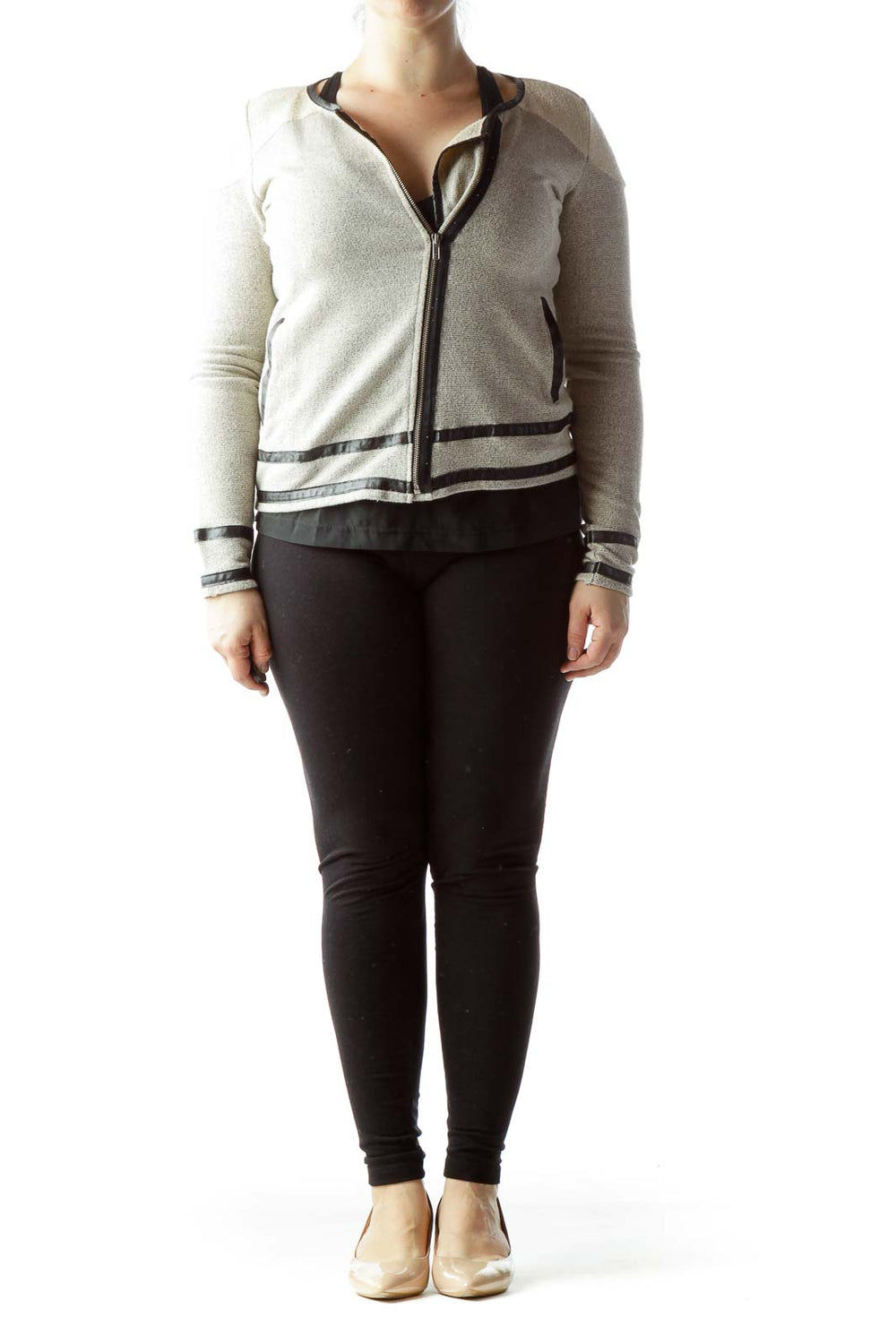 Front view of beige Jack zip-up cardigan with striped trim