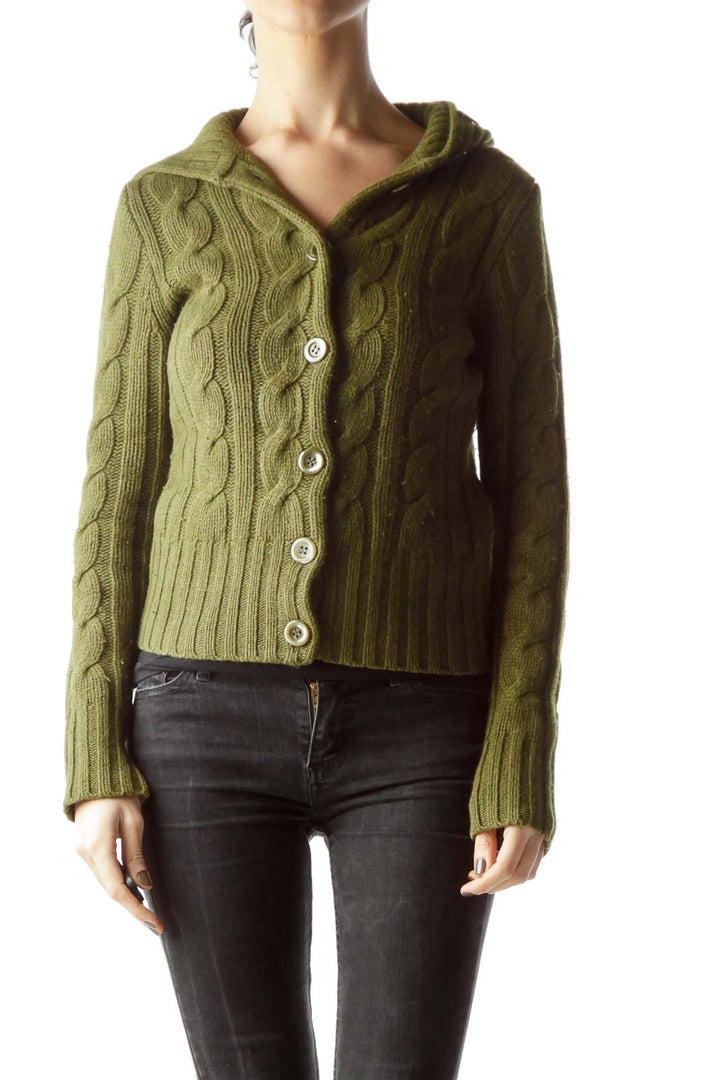 Olive Green Buttoned Long Sleeve Cable-Knit Sweater