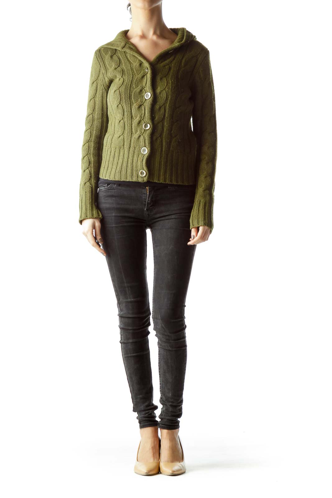 Olive Green Buttoned Long Sleeve Cable-Knit Sweater