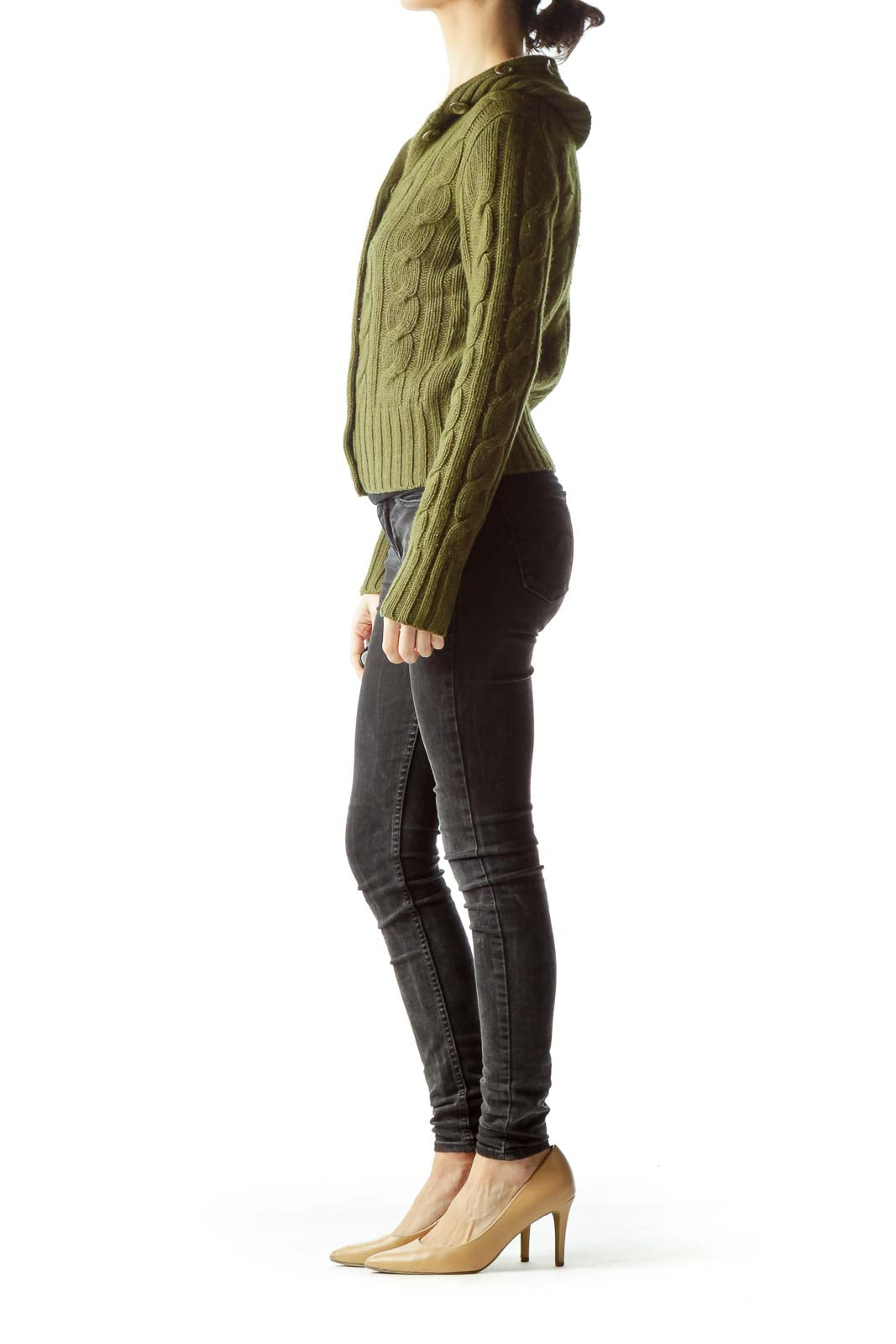 Olive Green Buttoned Long Sleeve Cable-Knit Sweater