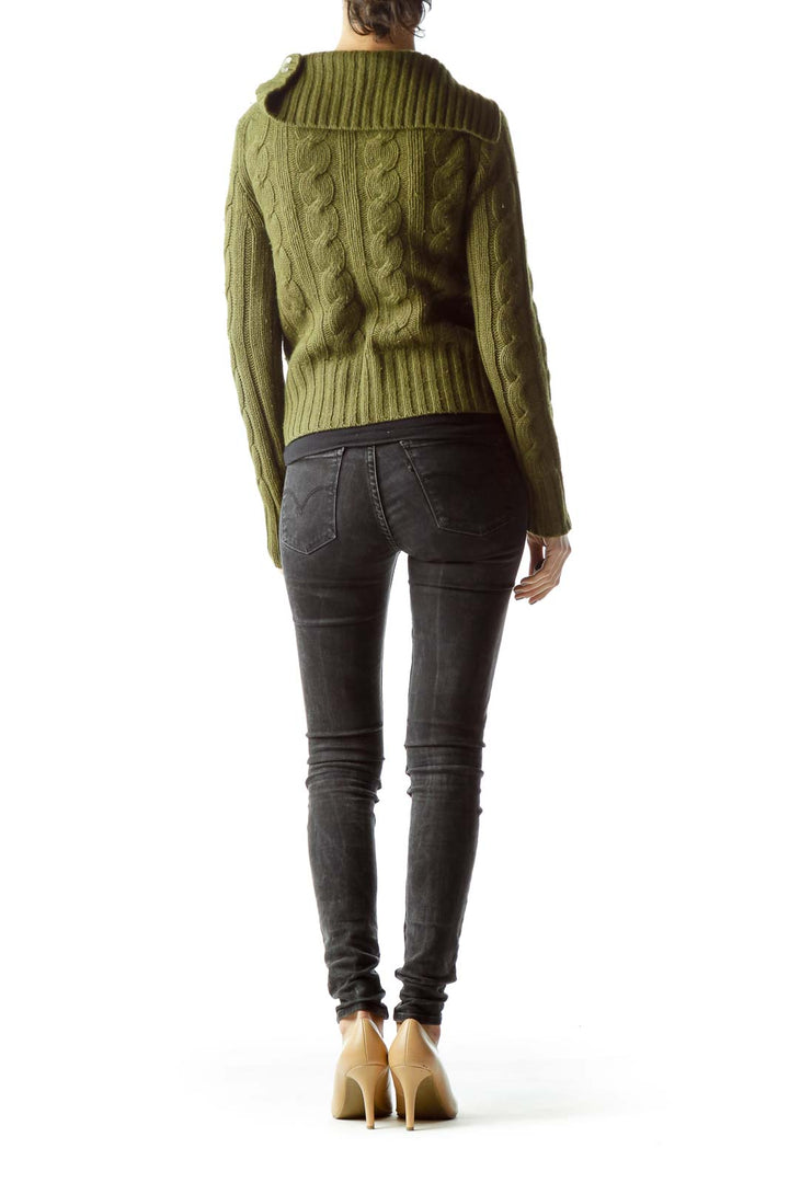 Olive Green Buttoned Long Sleeve Cable-Knit Sweater