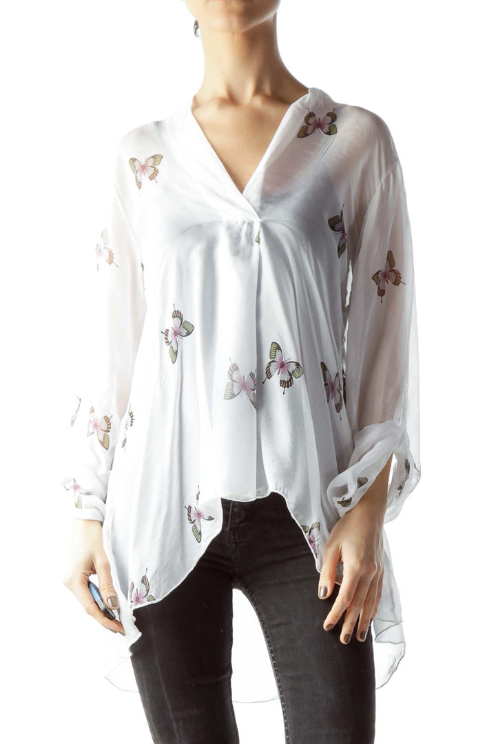 White Butterflies Print Sheer See-Though Flared Shirt