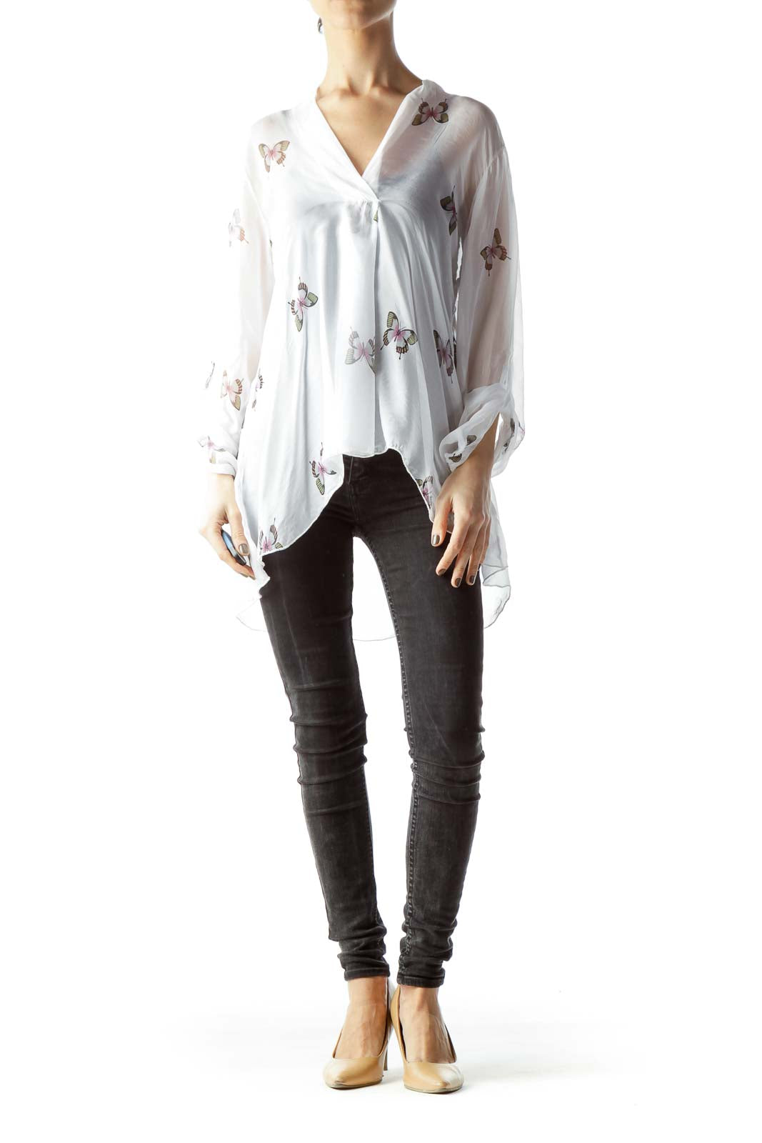 White Butterflies Print Sheer See-Though Flared Shirt