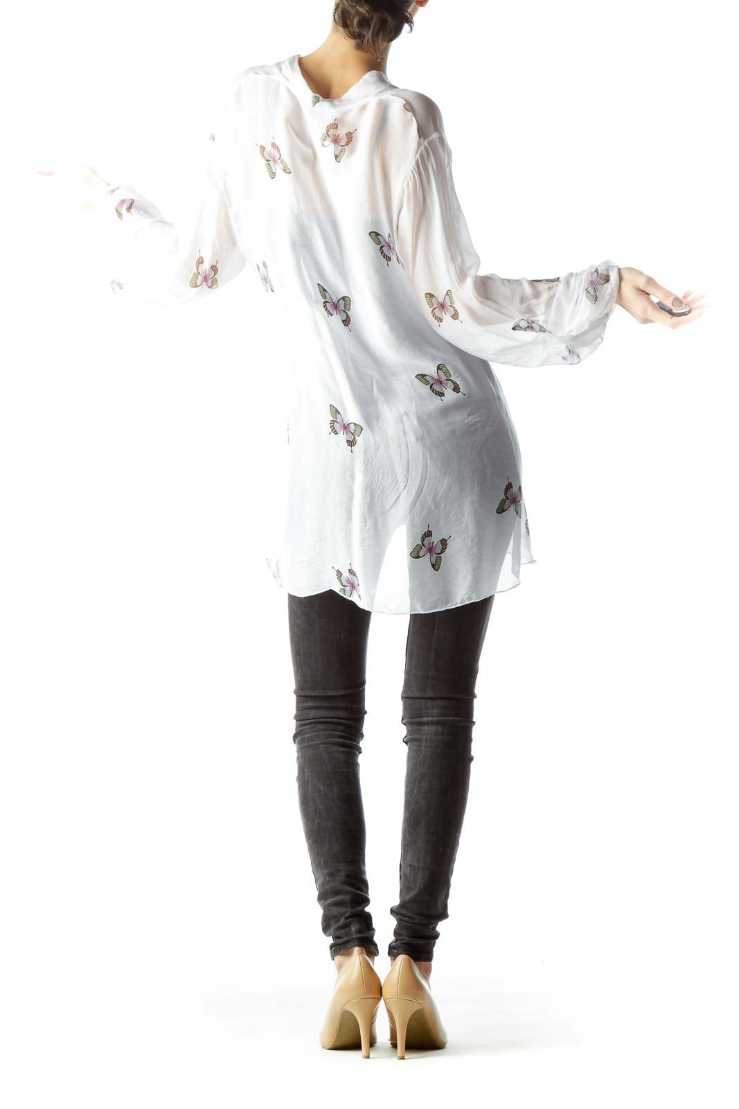 White Butterflies Print Sheer See-Though Flared Shirt