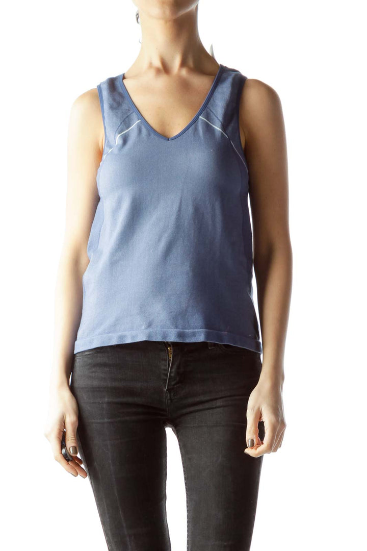 Front view of blue Nike V-neck athletic tank top