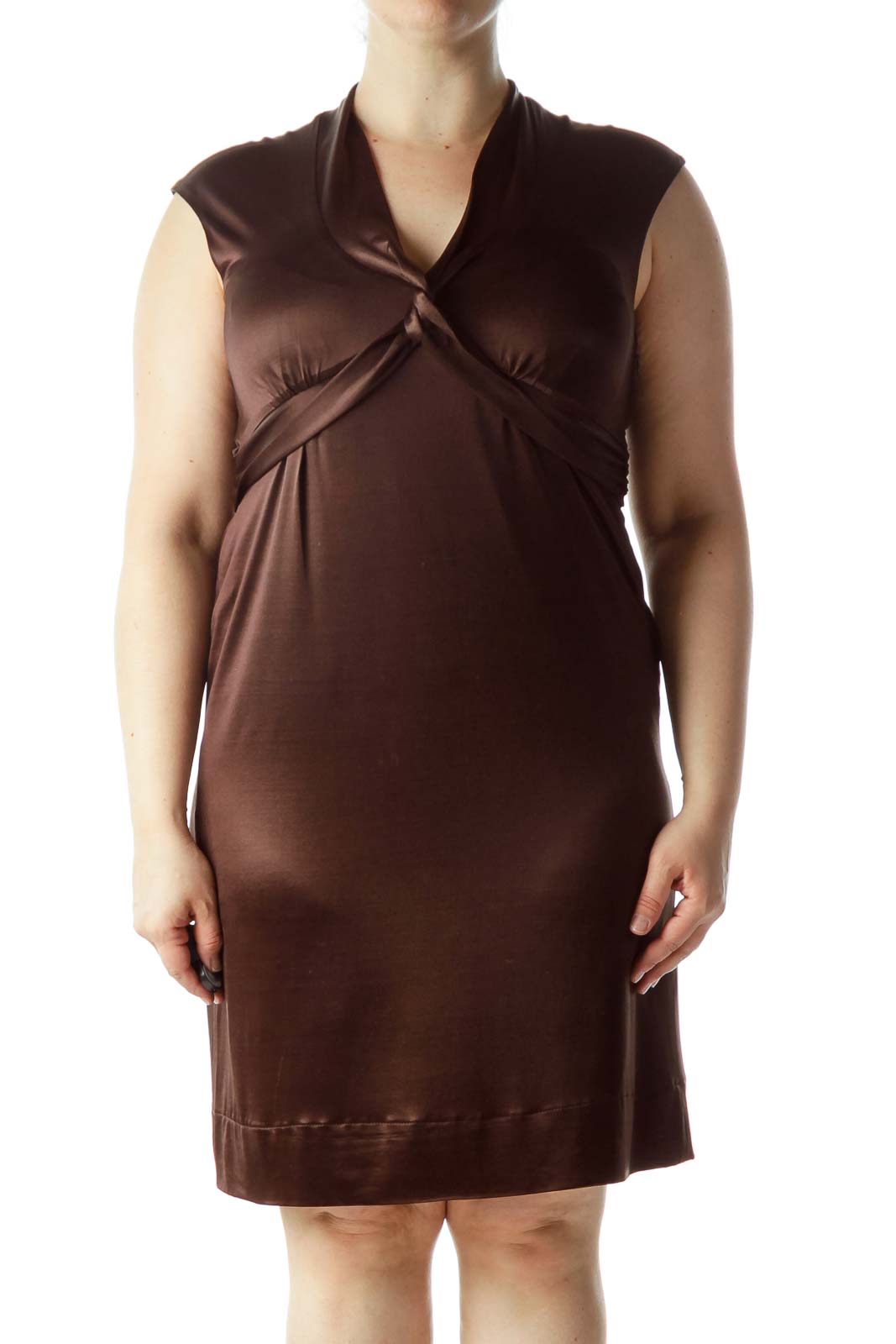 Front view of CYNTHIA Cynthia Steffe brown sleeveless V-neck wrap dress