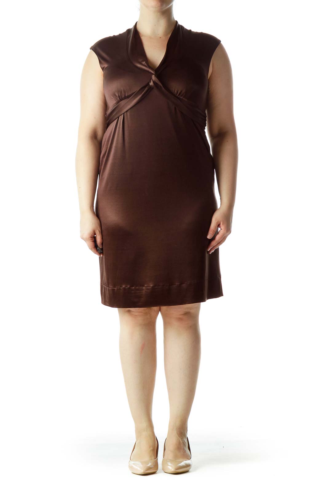 Front view of CYNTHIA Cynthia Steffe brown sleeveless V-neck wrap dress