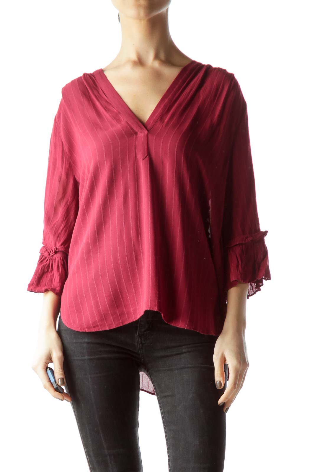 Front view of red striped V-neck blouse with bell sleeves by Stockholm Atelier